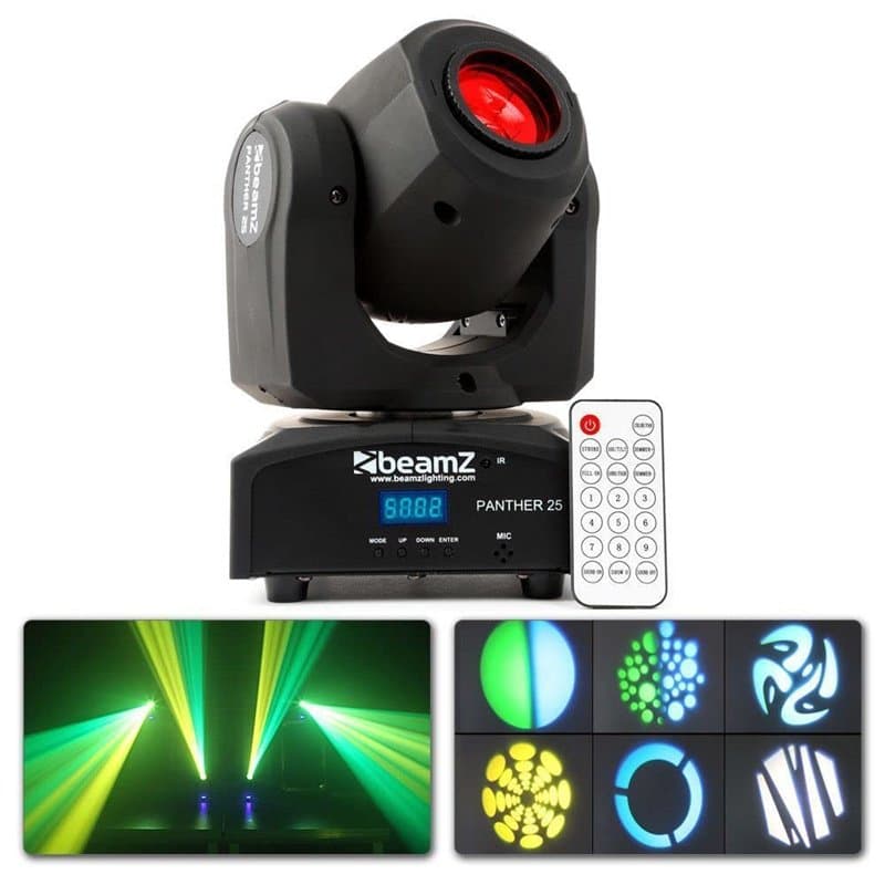 Beamz Panther 25 Lyre Spot LED - LED CREE Blanche 12W, Faisceau 12°, 5, 9 ou 11 Canaux DMX, Roue de 7x Gobos, 7 Couleurs + Blanc