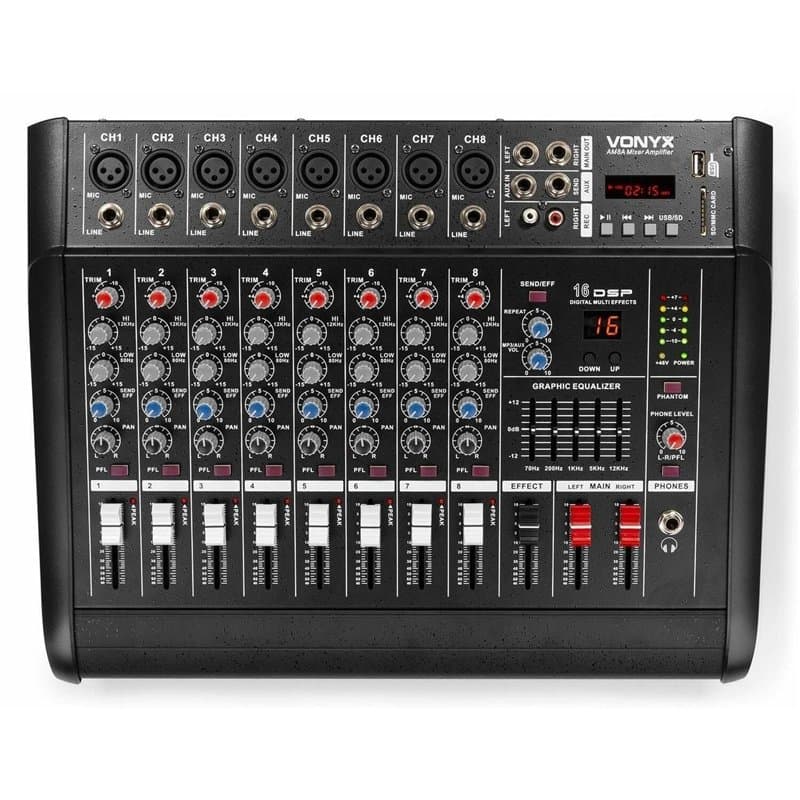 VONYX AM8A Table de Mixage 8 Canaux avec Amplificateur 1000 Watts Intégré, Bluetooth, MP3/USB/SD, 16 Effets Digitaux, Entrée RCA