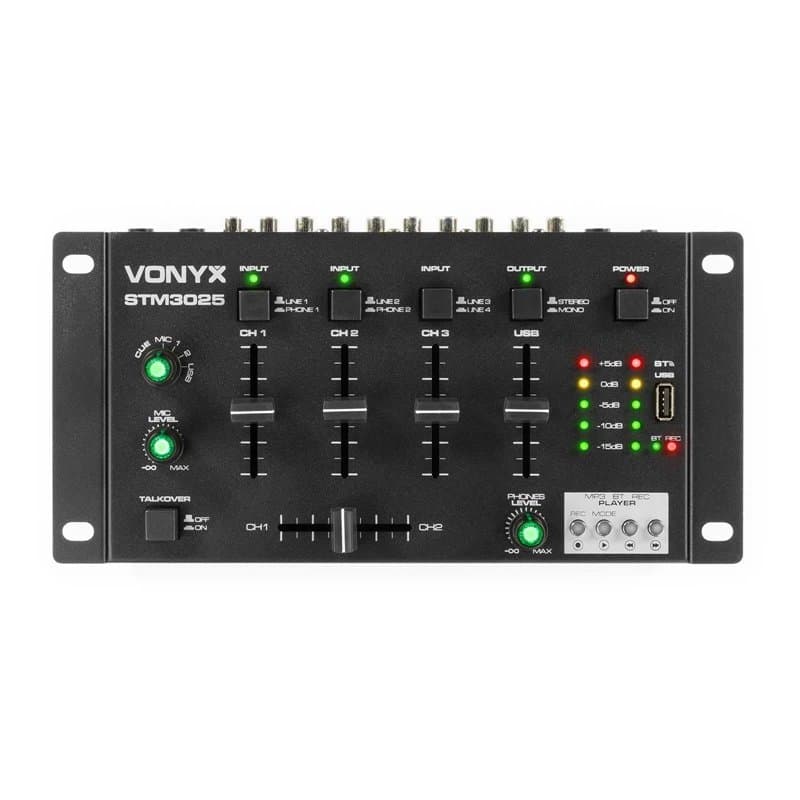 Vonyx STM3025 Table de Mixage 4 Canaux - USB, Technologie sans Fil Bluetooth, 4 Entrées Ligne RCA, 2 Entrées Phono RCA, 2 Entrée