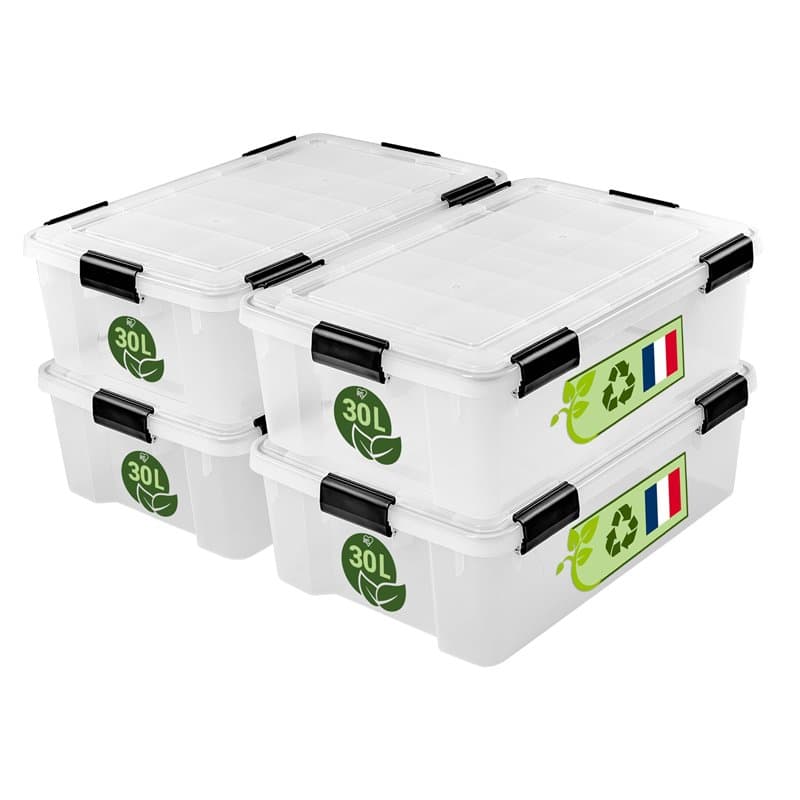 Iris Ohyama, Boite Rangement Hermétique Plastique, 30L, Lot de 4, Transparent, Couvercle, Joint Etanche, Clips de Fermeture, Emp