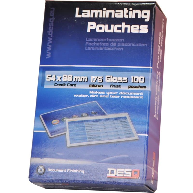 DESQ® Lot de 100 pochettes de plastification pour cartes de crédit, 175 microns, brillantes, avec coins arrondis, 54 x 86 mm