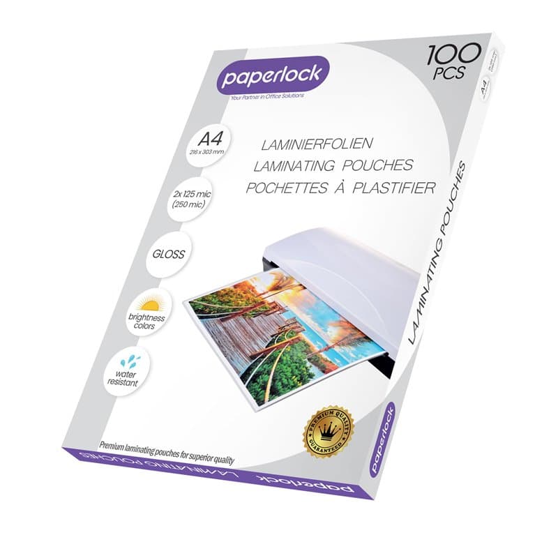 Paperlock - Pack de 100 Pochettes de plastification A4 2x125 mic, finition brillante Transparent, L'emballage peut varier