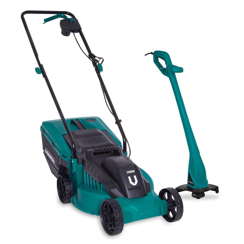 VONROC Tondeuse Gazon 1300W et Débroussailleuse 300W - Largeur de Coupe 32cm - Bac Ramassage Tondeuse 30L Inclus - Entretien Pel