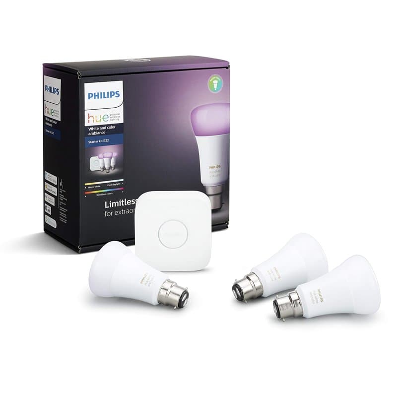 Philips Hue - Ambiance Starter Kit 3X B22 ampoules LED (fonctionne avec Alexa), fibres synthétiques, 9.5 W, 806 lumens ,blanc et