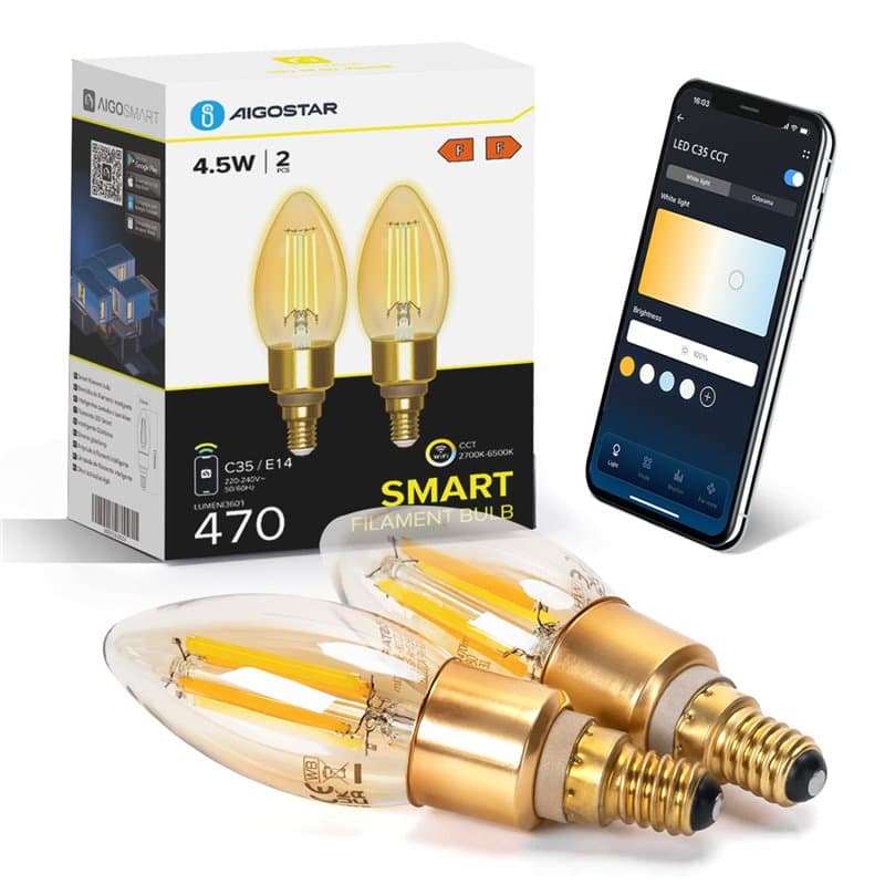 Aigostar Ampoule Connectée Alexa E14 4.5W Edison Ampoules Vintage WiFi C35 Ampoule Intelligent Retro, Compatible avec Alexa et G
