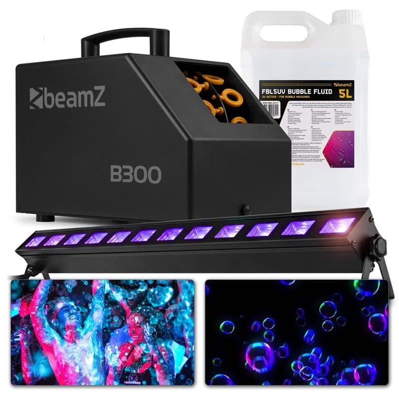 BeamZ B300 Machine à Bulles - 30 Tours/Min avec Grande Roue + 5L de Liquide UV + Barre LED UV, Ventilateur Puissant, Effet Tourb