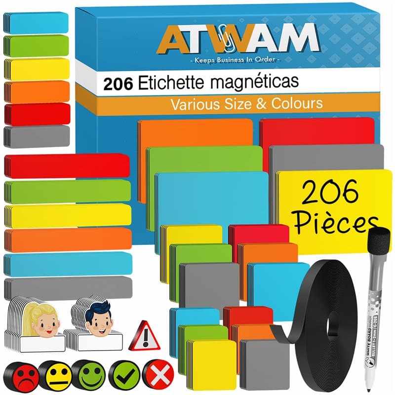 ATWAM - 206 Étiquettes Magnétiques Effaçables & Inscriptibles - Scrum - Lot de aimants et Accessoires inscriptibles pour Tableau