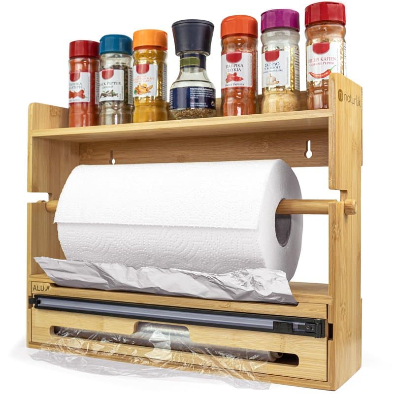 naturlik Coupe-Feuille 4-en-1 : Distributeur de Film Alimentaire, Porte-essuie-Tout, Distributeur d'aluminium & Étagère à épices