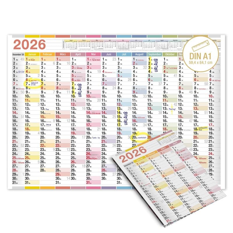 TOBJA Calendrier mural 2026 A1 XXL coloré pour bureau et bureau à domicile, 14 mois, grand format 59 x 84 cm, calendrier mural 2