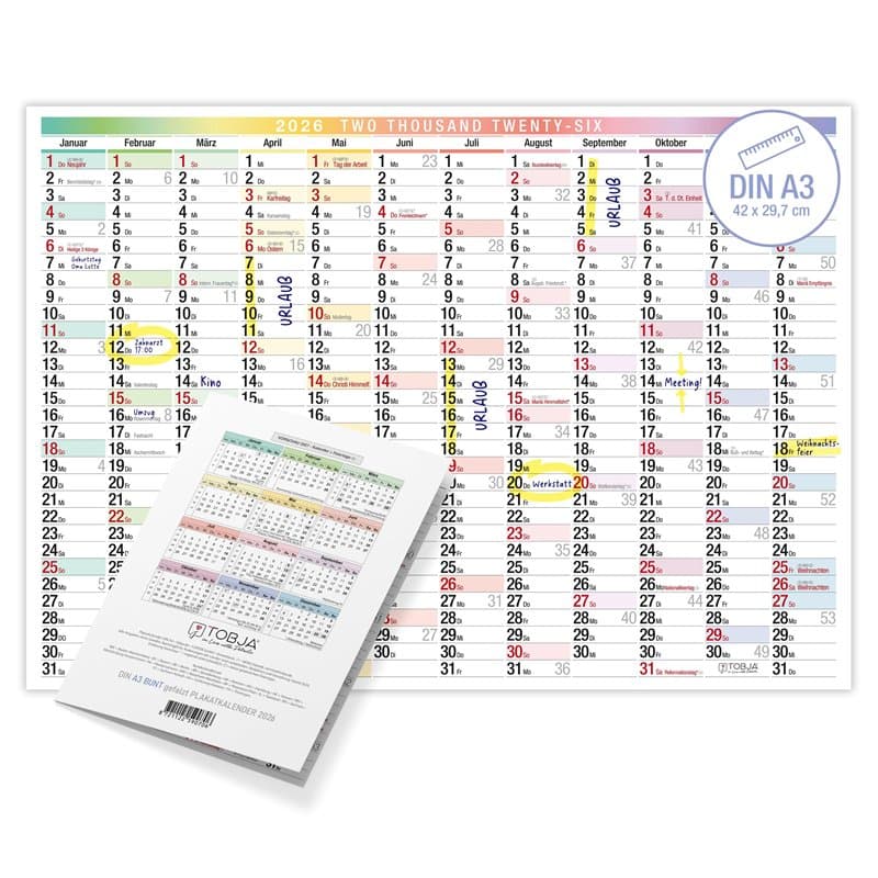 TOBJA Calendrier mural 2026 A3 avec grands champs - Design coloré - Format A3 (42 x 29,7 cm) - Certifié FSC - Calendrier mural p