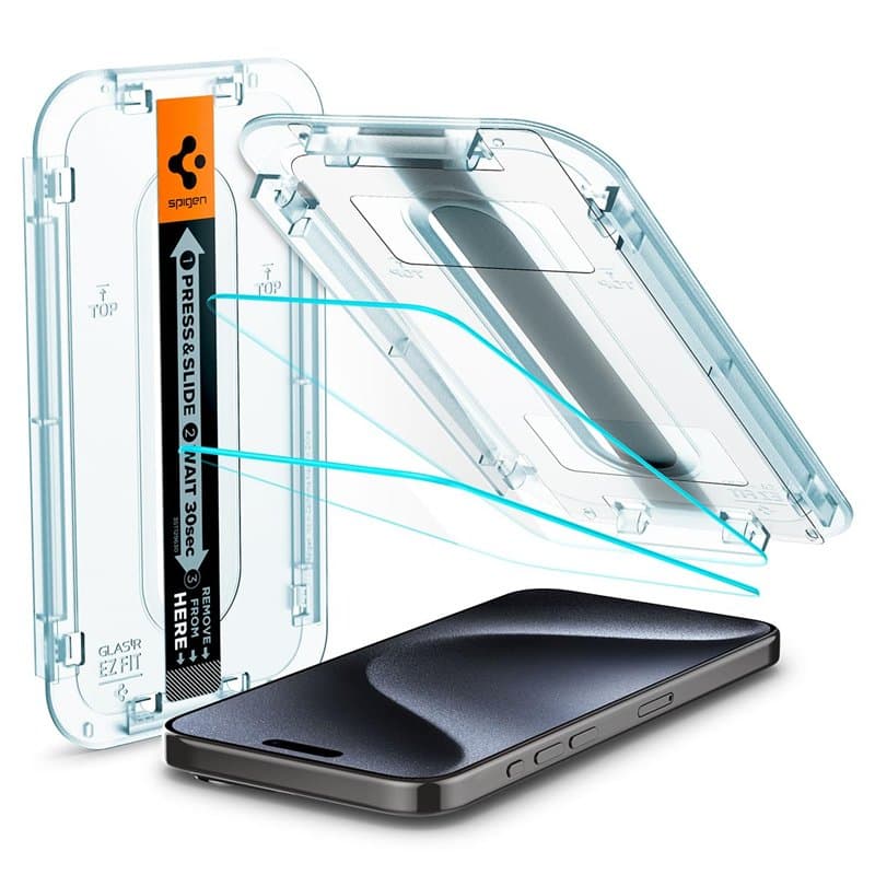 Spigen Glas.tR EZ Fit Verre Trempé pour iPhone 15 Pro, 2 Pièces, Installation Facile, Dureté 9H, Résistant aux Rayures, Protecti