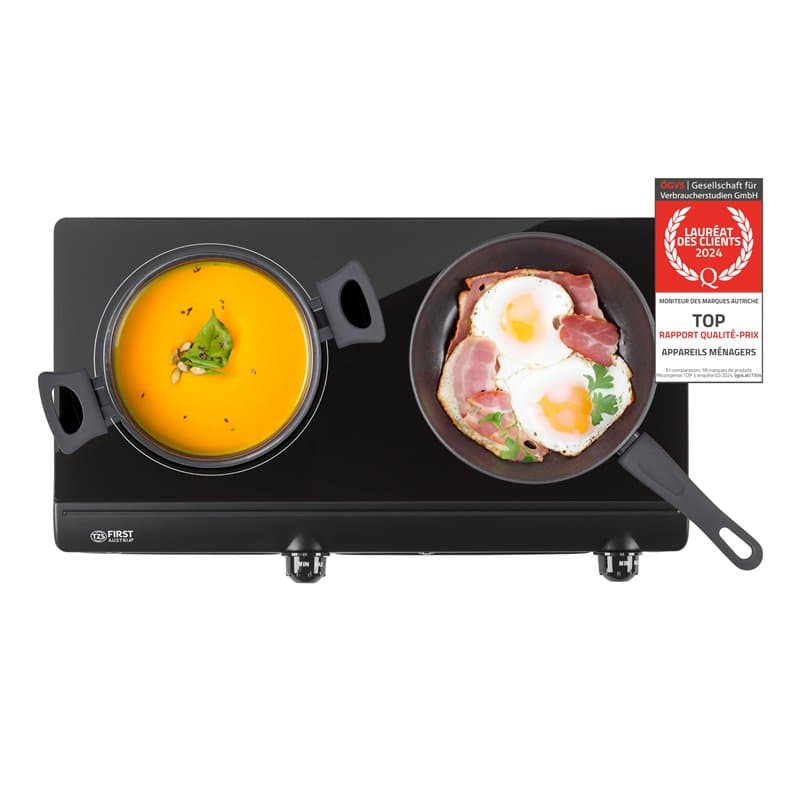 TZS First Austria Plaque de Cuisson Vitrocéramique 2 Feux, 2500W, Infrarouge, Plaque Electrique avec 2 Plaques Chauffantes de 15