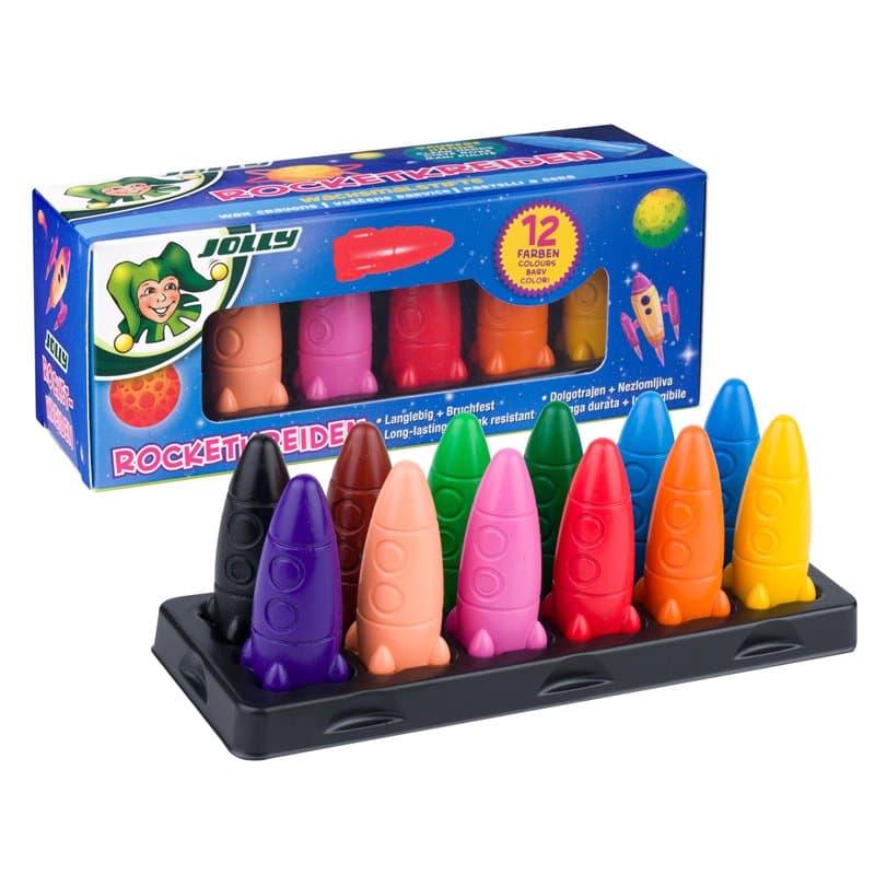 JOLLY Rocket Craies de cire en forme de fusée, 12 couleurs, incassables et ergonomiques, mains propres, pour papier, bois et car