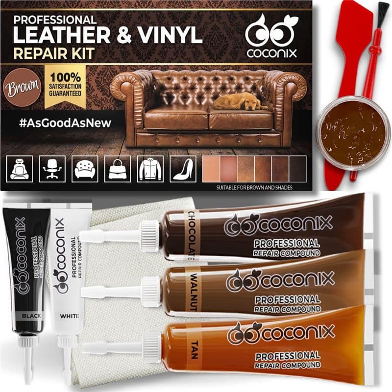 Coconix Kit de Réparation Cuir et Vinyle - Marron & Nuances | Répare déchirures, Trous, Rayures et écaillages sur Meubles, siège