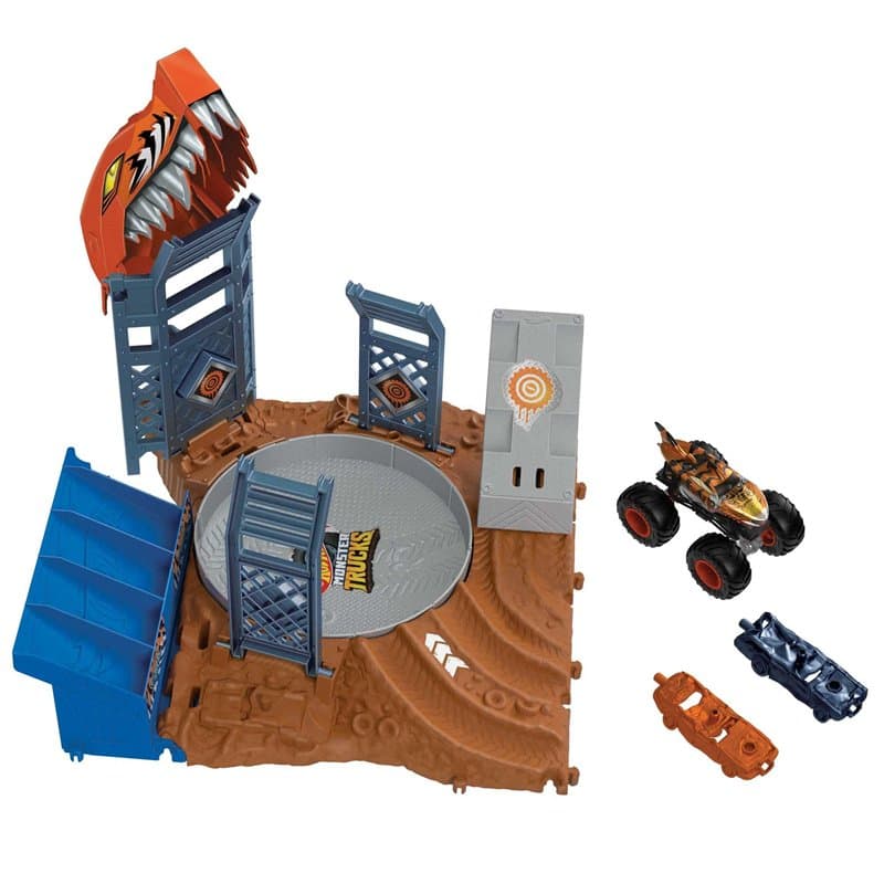 Hot Wheels Coffret Monster Trucks Compétition de Dérapages avec Tiger Shark à l’échelle 1/64 et 2 Voitures à écraser, Compatible
