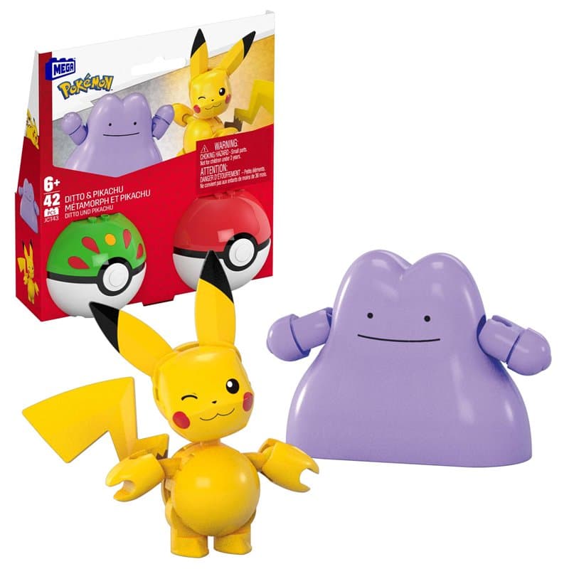 MEGA Pokémon Coffret Pikachu et Métamorph jouet de construction avec figurines articulées, 42 pièces, 2 Poké Balls, pour enfants