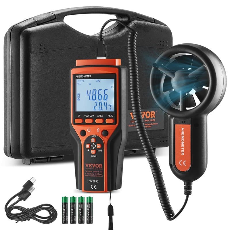 VEVOR Anémomètre Portable -10℃ à 60℃ Mesureur Numérique Vitesse du Vent CFM, Mesure Température du Vent, Flux d'Air, Refroidisse