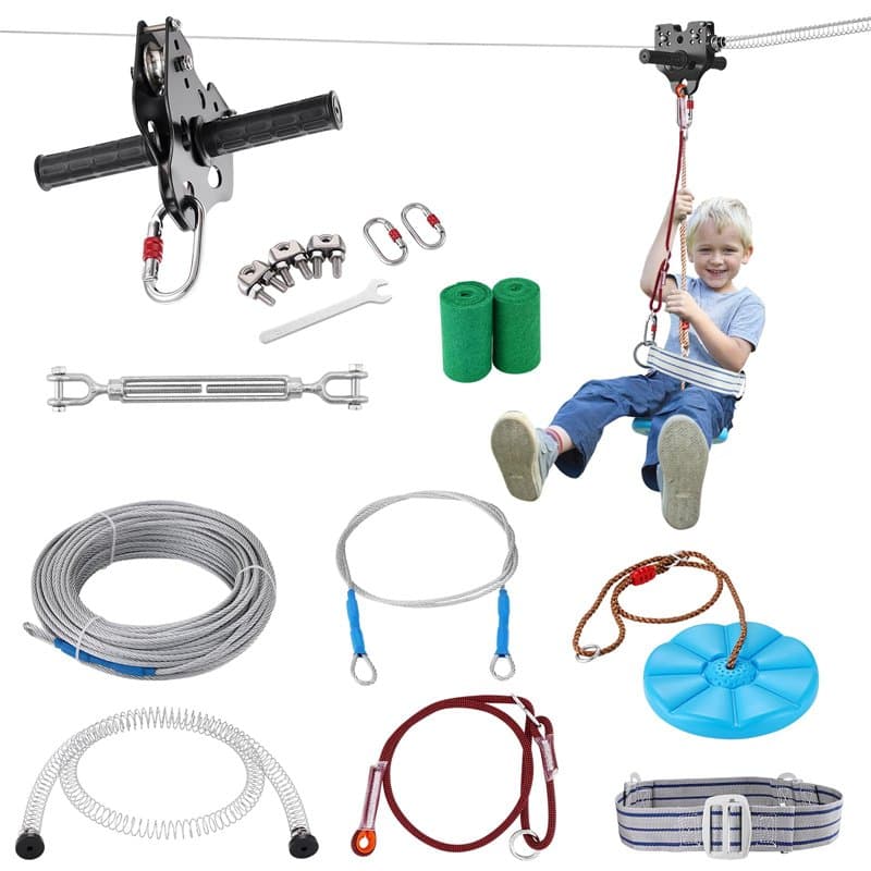 VEVOR Tyrolienne pour Enfants et Adultes 24,4 m Kit de Tyrolienne Complet Charge 272 kg Configuration Facile avec Frein à Ressor