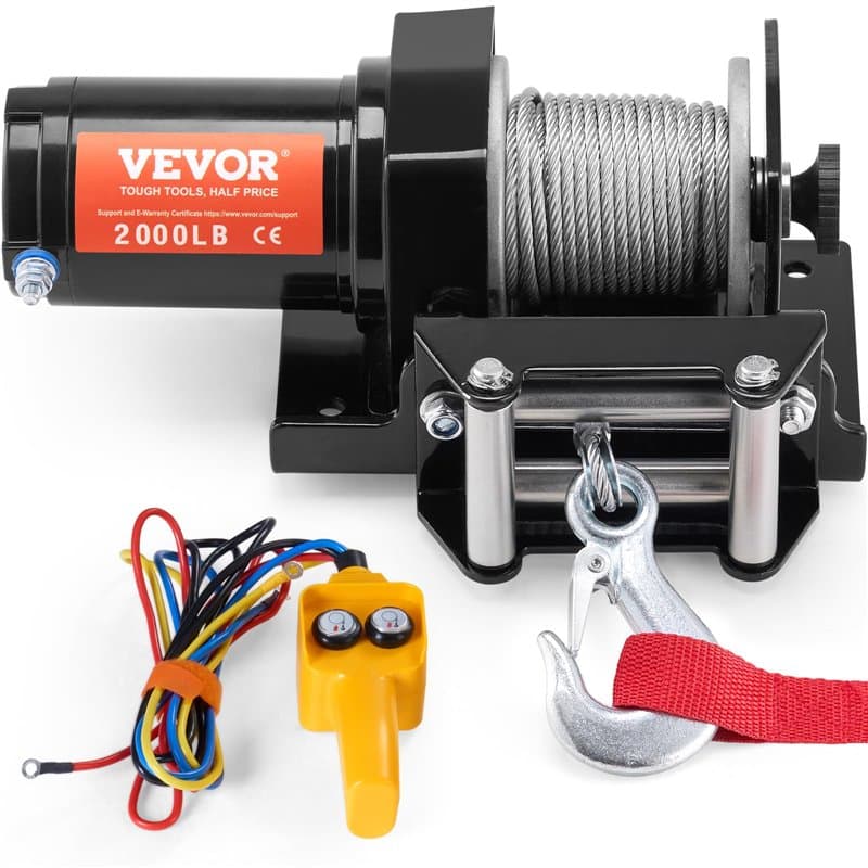 VEVOR Treuil électrique 907 kg, 12 V CC treuil pour VTT/UTV avec câble en acier à 7 brins de Φ0,4 x 1188,7 cm, télécommande à di