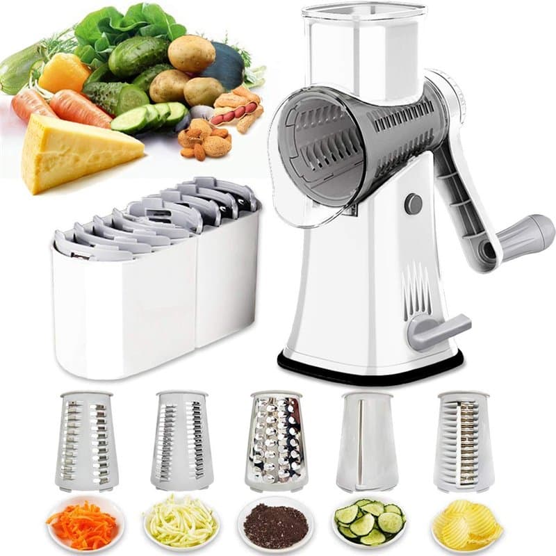 Râpe à fromage rotative 5 en 1 Mandoline Légumes Julienne Coupe-frites Coupe-noix avec poignée et base d'aspiration solide