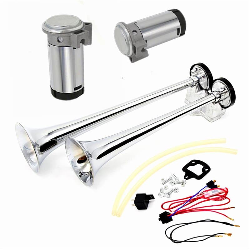YIYDA Klaxon à air Car Horn 165DB klaxon de voiture haut et bas 24V double tube trompette klaxon de camion argent chromé zinc av