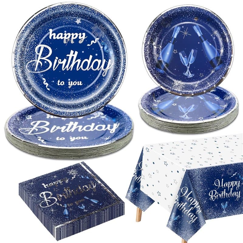 Décorations de fête d'anniversaire bleu marine et argent pour 20 invités, le set de vaisselle bleu marine comprend des assiettes