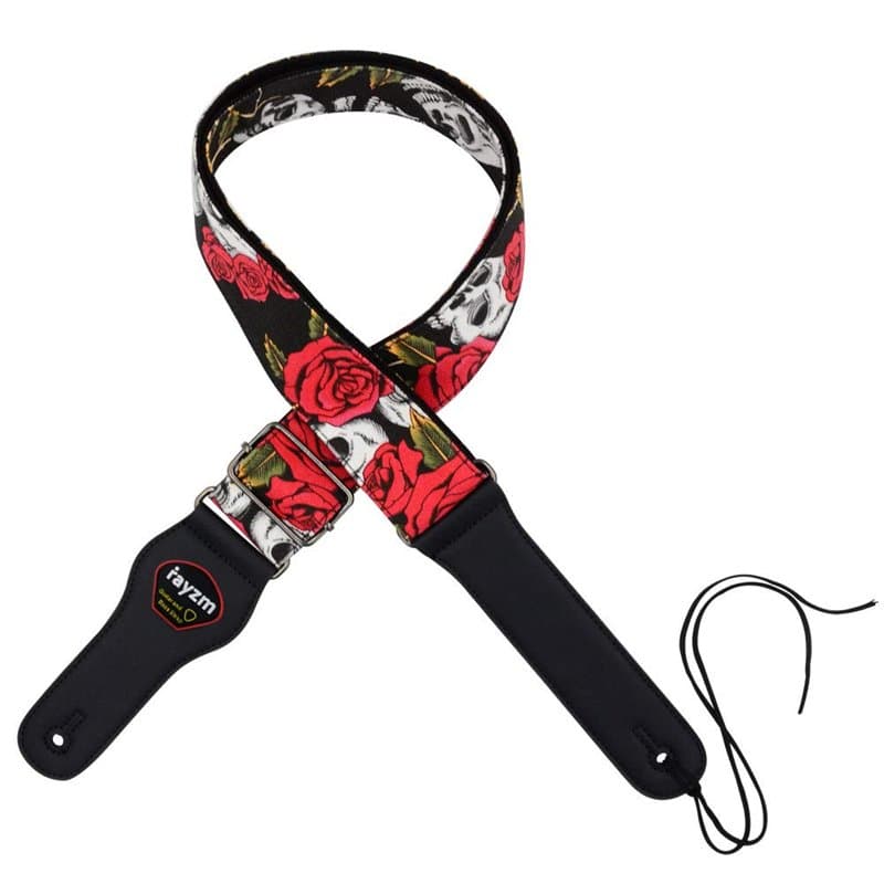 rayzm Sangle en Coton pour Guitare Acoustique/électrique ou Basse, avec Porte-médiators. Avec des motifs Cranes et roses, 5cm de