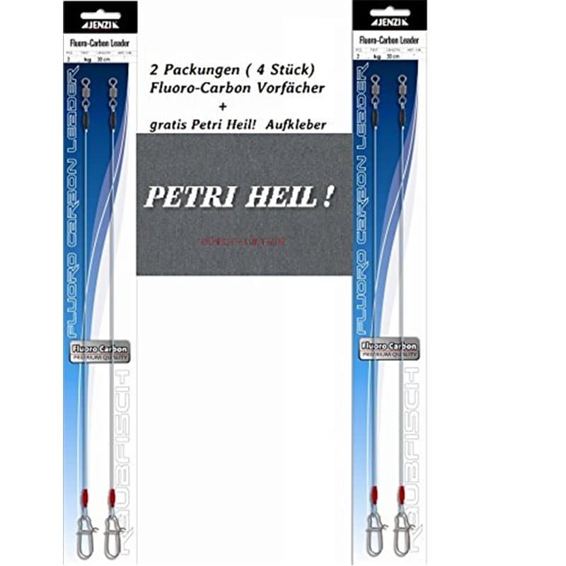 Jenzi Lot de 2 paquets (4 pièces) de bas de ligne Fluoro – Carbon, longueur 30 cm (charge maximale 15 kg) + autocollant Petri He