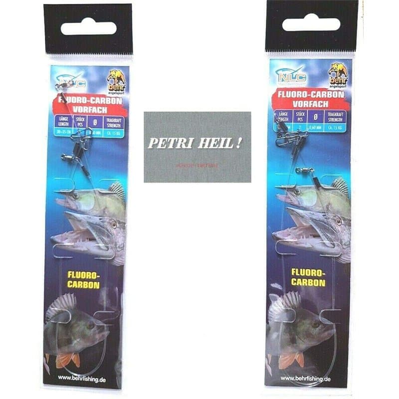 Behr Lot de 4 bas de ligne Behr en fluoro-carbone avec émerillon et mousqueton 30+ 35 cm, 15 kg + autocollant Petri Heil!