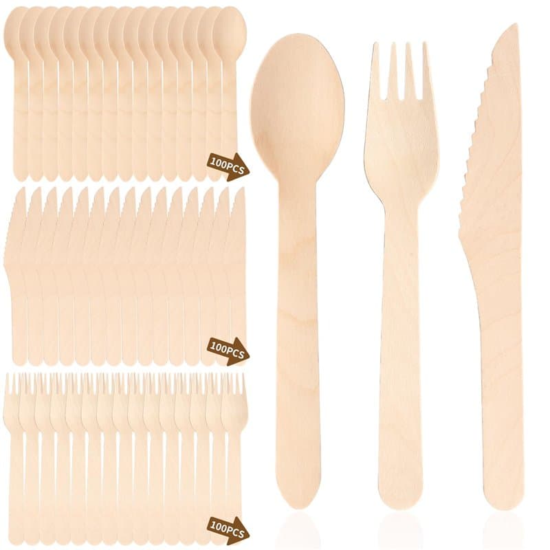 Heuchaey Lot de 300 couvert en bois tables, couverts table, 100 Fourchettes, 100 Cuillères, 100 Couteaux, biodégradables, compos