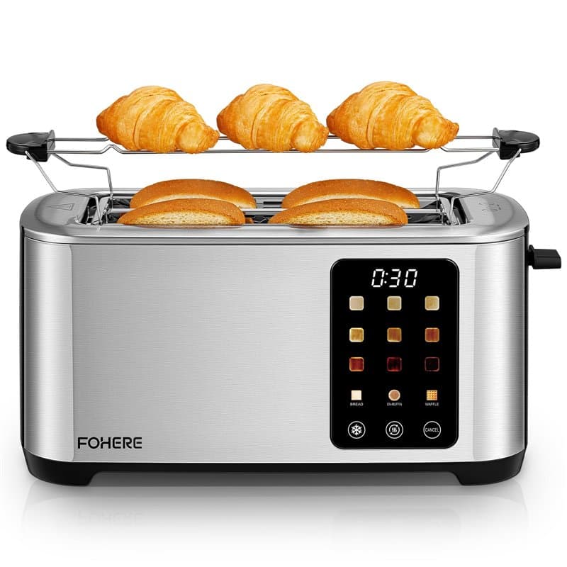 Grille Pain 4 Tranches, Longue Fente Toaster avec écran Tactile, 9 Niveaux de Dorage, 3 Types de Pain, Inox Grille Pain, Tiroir