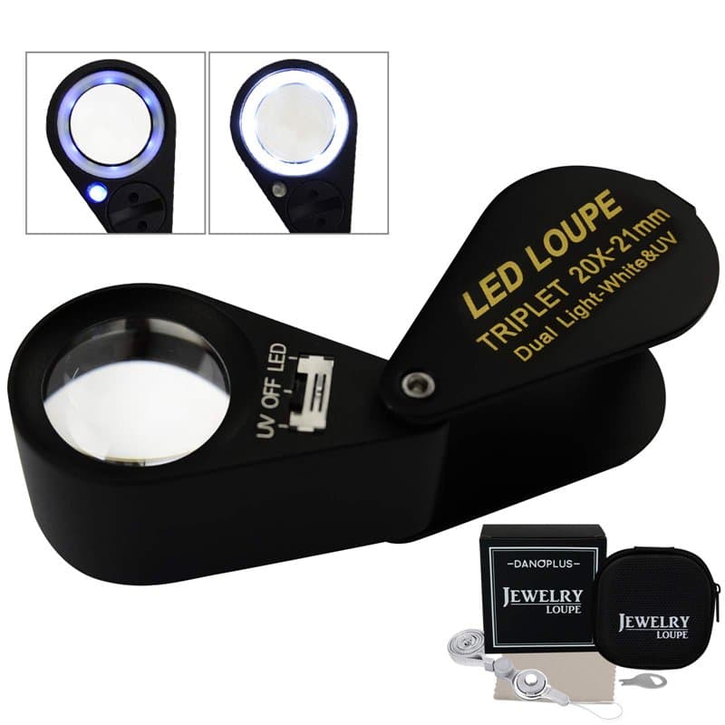 20x Loupe Bijoux Loupe LED UV Lumière 21mm Triolet Lentille Optique Verre, Poche Gemme Loupe Outil Bijoutier, Timbre Philatélist