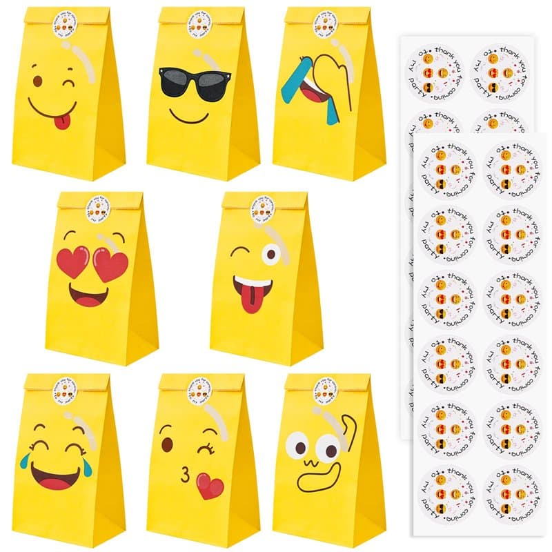 20 Pcs Sachet Bonbon Emoji, Sac Cadeau Papier avec 24 Autocollants, Sac Bonbon Anniversaire Petit, Pochette Cadeau Papier à 8 Mo
