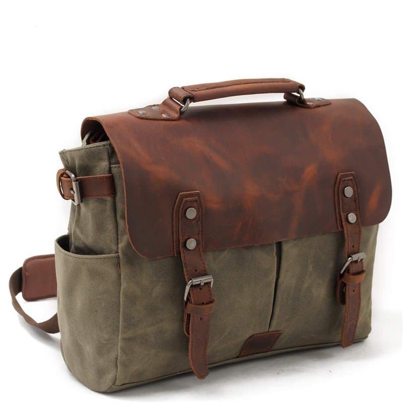 KEREITH Mallette en Cuir Imperméable Ordinateur de Bureau Sac Messager en Toile Collège 15.6 Pouces Aménagement Vert de l'Armée