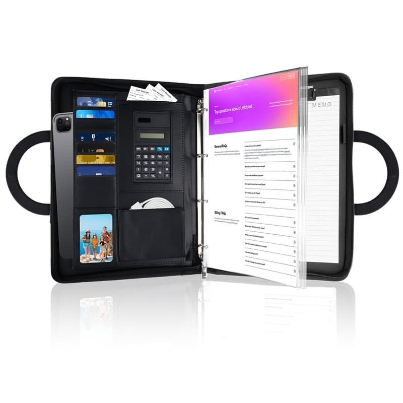 Porte-documents A4, Conférencier Zippé en PU Cuir, avec Calculatrice, Compartiments pour Cartes et Bloc-notes, Pochette pour Tab