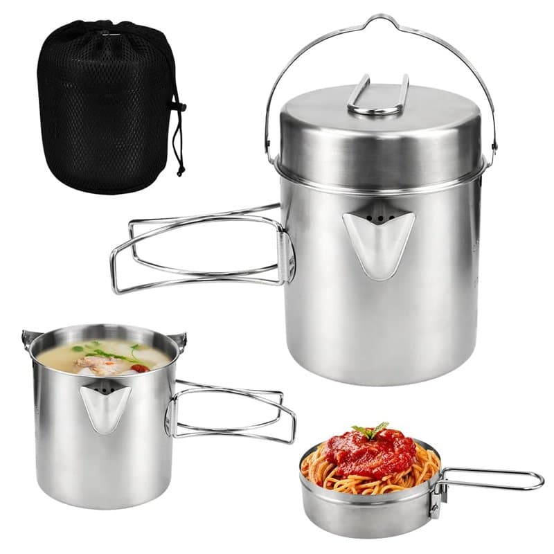 LANSKYLAN Casserole Camping 15.5x11cm, Popote Randonnée en Acier INOX, Popote Camping avec Poignée Pliable, Casserole de Randonn