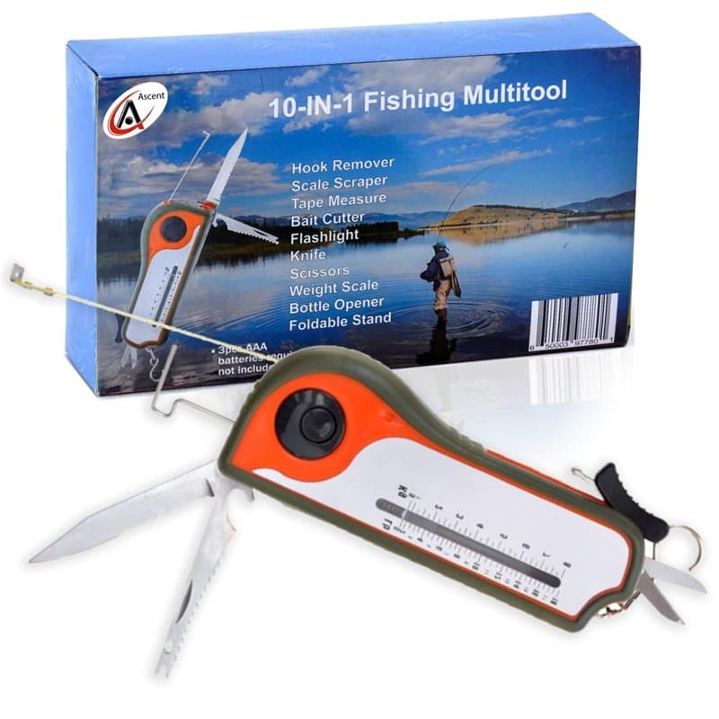 Outil de cadeau de pêcheur Pêche Outil - Crochet Remover Grattoir, Évoluer, mètre à ruban, Appât Cutter, lampe de poche, ciseaux