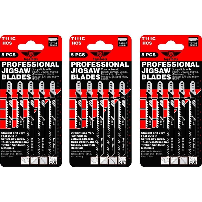 15 lames de scie sauteuse TopsTools T111C compatibles avec Bosch, Dewalt, Makita, Milwaukee et bien d'autres