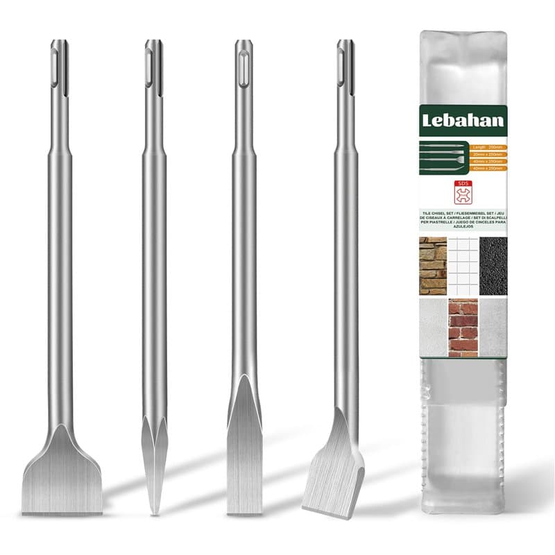 LEBAHAN Burin SDS Plus, 4 Pièces Burin Carrelage, 1 x Burin Pointu, 1 x Burin Plat, 2 x Burins pour Carrelage, Burin Professionn