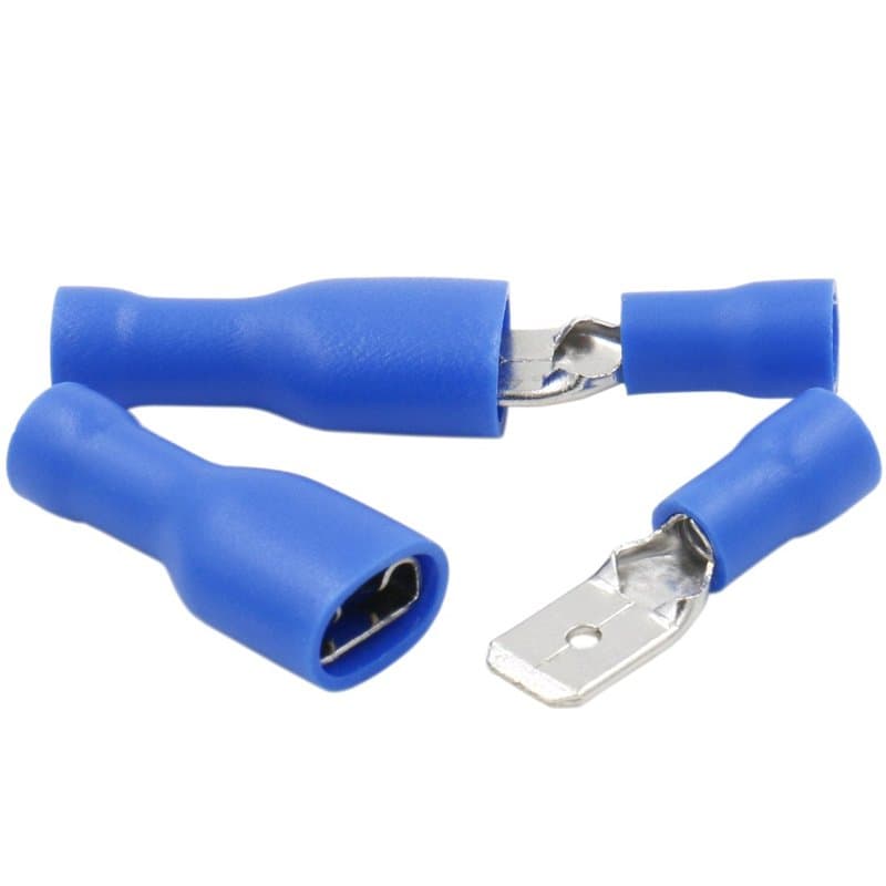 Heschen Lot de 100 bornes de câble mâle/femelle en vinyle entièrement isolé 6,3 x 0,8 mm pour 1,5-2,5 mm² (16-14 AWG) Bleu