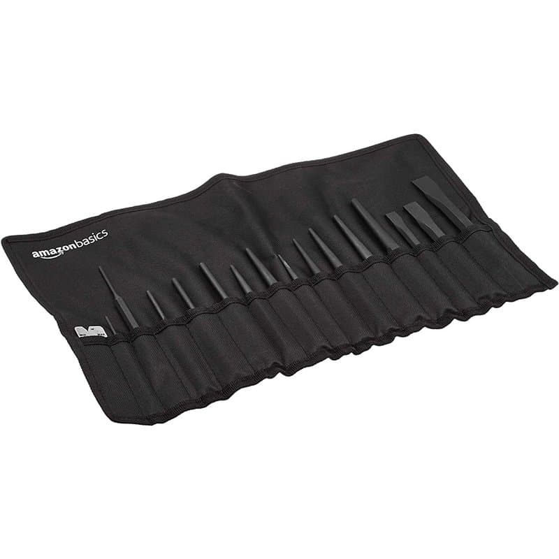 Amazon Basics Lot de 16 poinçons et ciseaux en acier au chrome-vanadium avec étui de rangement