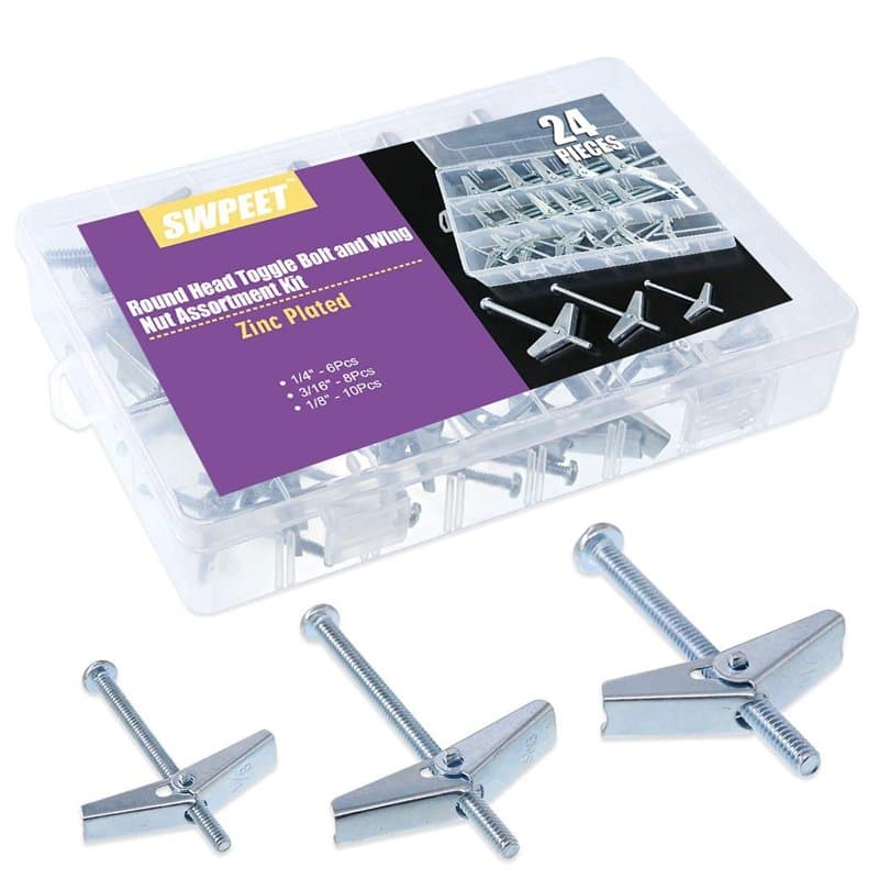 Swpeet Assortiment de 24 boulons à bascule et écrous papillon pour accrocher des articles lourds sur cloison sèche – 0,6 cm, 0,9
