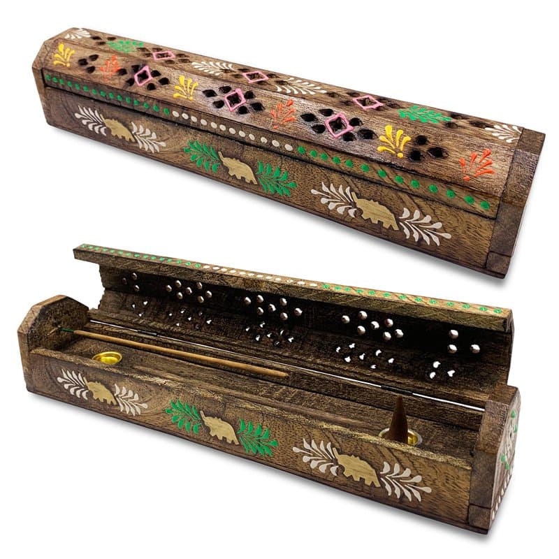 Brûleur d'encens (encensoir) Boîte en bois décorée à la main en Inde - Design exclusif de couleurs et d'éléphants 30,5 x 6,2 x 5