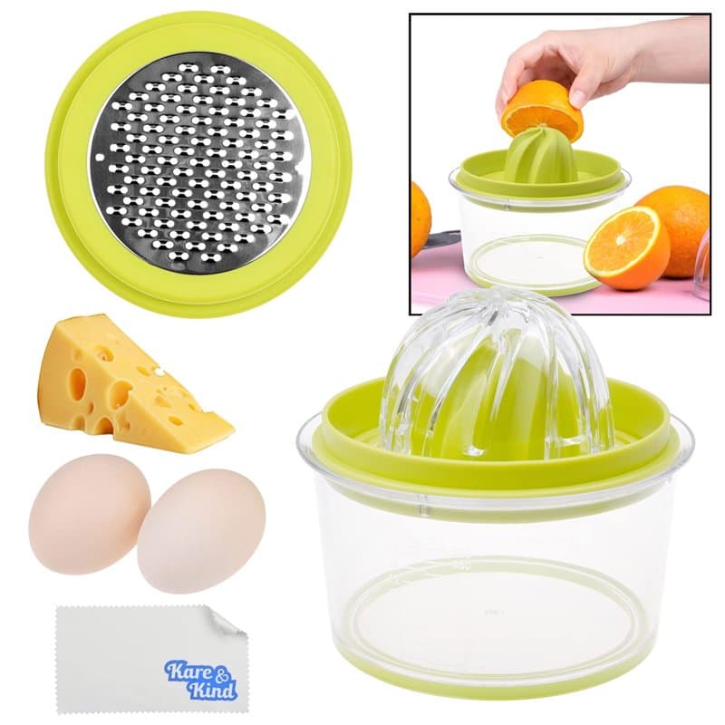 Presse-agrumes avec filtre à pulpe, râpe à fruits/légumes/chocolat, bol à mesurer, séparateur de jaune d'oeuf - Conception peu e