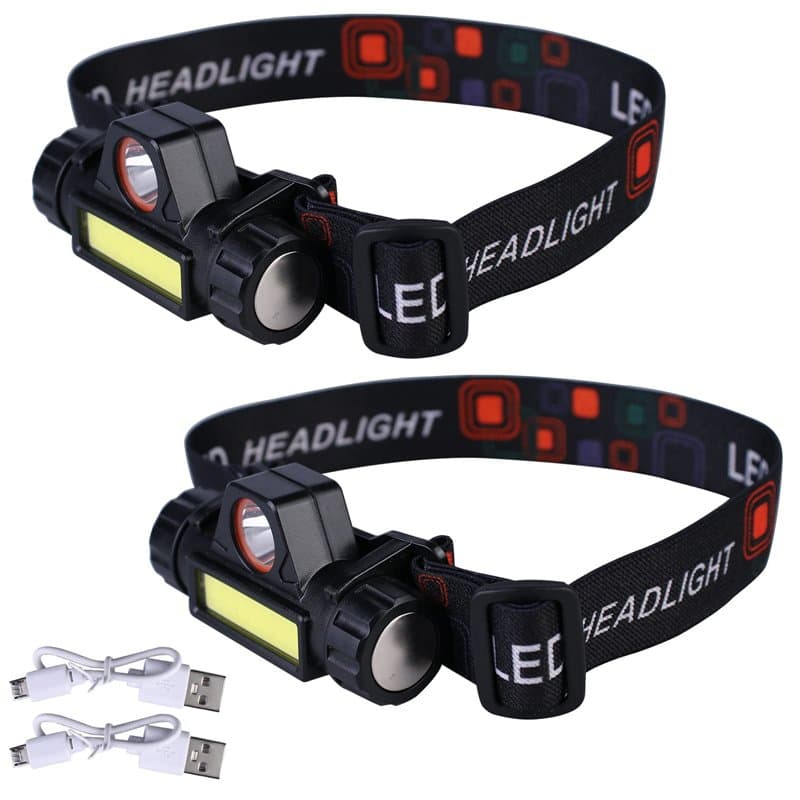 Lampe frontale LED rechargeable pour camping : 2 lampes frontales COB avec 5 modes d'éclairage, lampe frontale de pêche, course