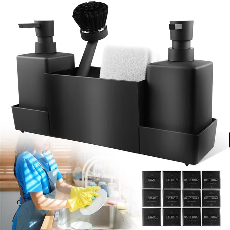 SPORWAY Distributeur de savon, distributeur de liquide vaisselle, 350 ml, organisateur d'évier, avec brosse et éponge à vaissell