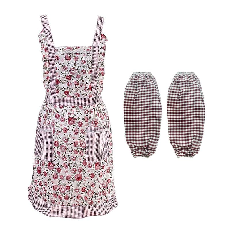 CHROMACRAFT 1 Tablier À Motif Floral, 1 Paire De Manches À Carreaux, Tablier À Nouer À Motif Floral, Tablier Créatif avec Poches