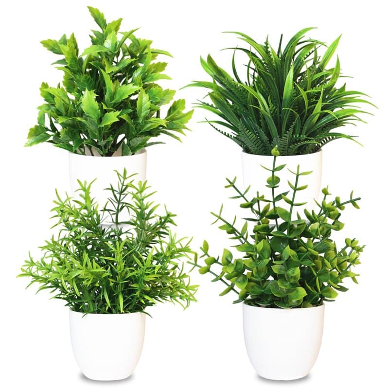 MEMOFYND Lot de 4 plantes artificielles en plastique - Petites plantes vertes en pot pour la maison, la chambre, la cuisine, le