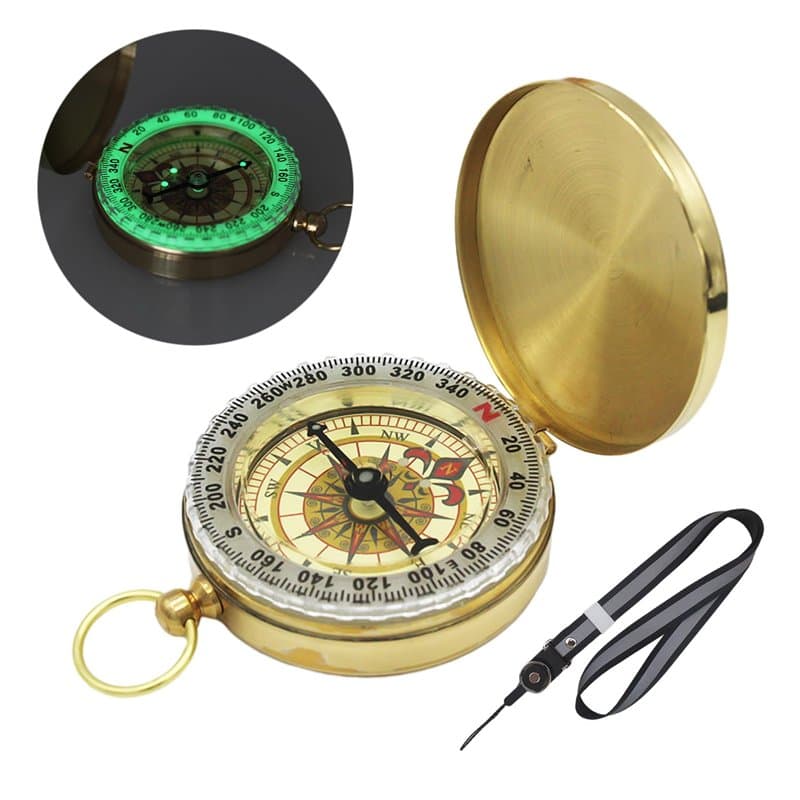 1 boussole en métal, 1 lanière, étui à rabat en cuivre pur avec design lumineux, cadeau de poche, portable pour l'extérieur, out