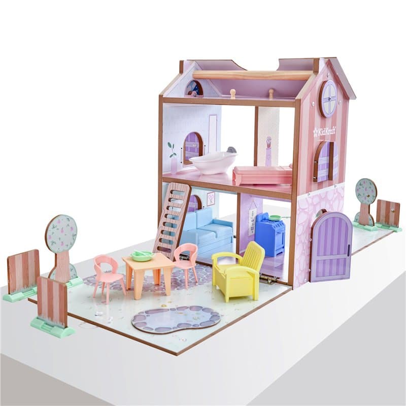 KidKraft Maison de poupée Play & Store Cottage en Bois incluant Accessoires et Mobilier, 3 Étages de Jeu, pour Mini Poupées de 1